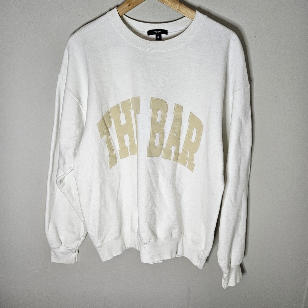 The Bar Cotton Sweatshirt White Tan Lettering Oversized Women's M
